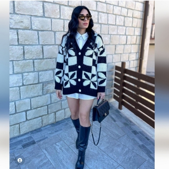 NEW * Zara Black White Checkered Knit Jacquard Chunky Knit Oversized Cardigan - Picture 6 of 16